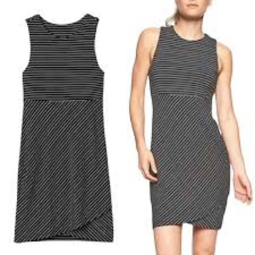 Athleta‎ Medium Black White Stripe Sleeveless Dress Soft Casual Crossover Hem